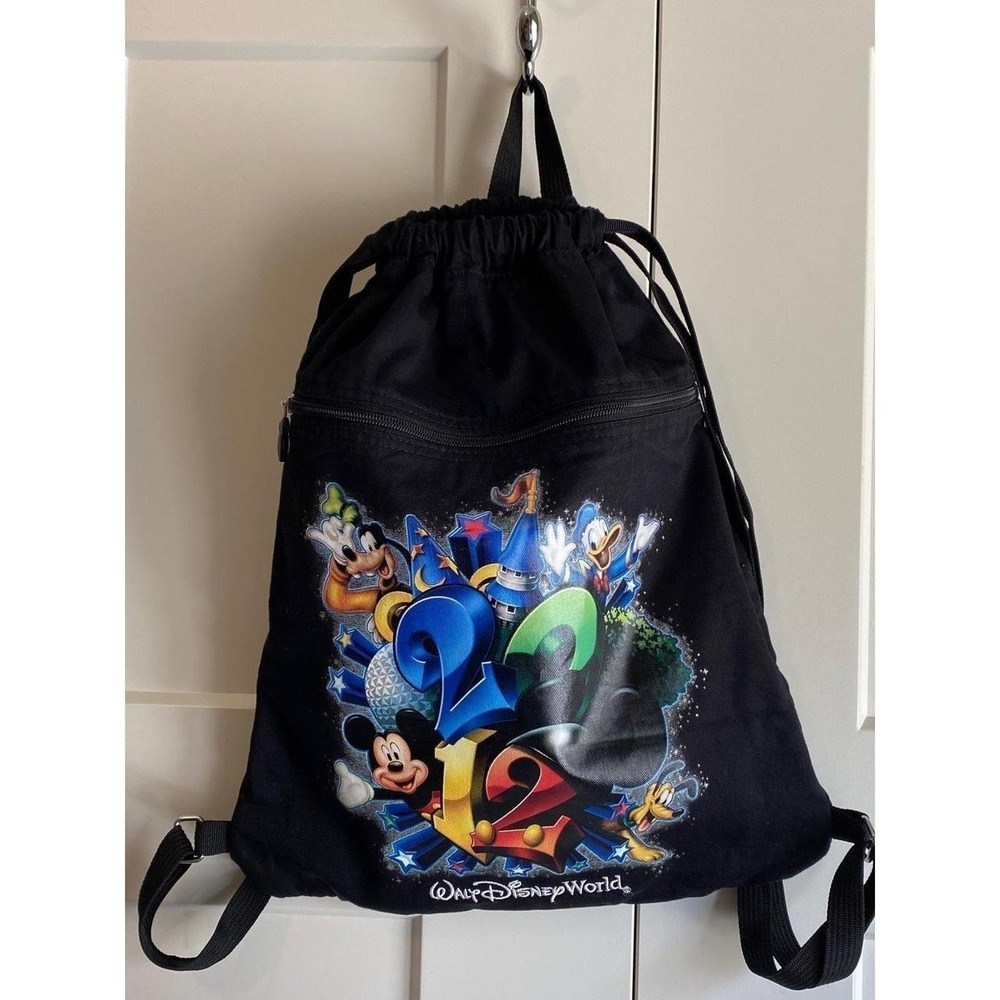 Disney Parks Drawstring Backpack Outside Zip Pocket Straps 2012 School Bag Tote
